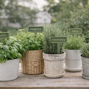 以下が含まれることがあります： バジル、パセリ、ローズマリー、ディル、タイムなど、それぞれ緑色の標識が付いた鉢植えのハーブの詰め合わせ。鉢は、白いテクスチャード加工の鉢、織りバスケット、亜鉛メッキ金属バケツなど、さまざまなスタイルです。