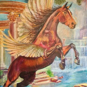 May include: A painting of a brown winged horse rearing up in front of a classical architectural structure with columns and a fountain. The horse has large, detailed white and gold wings, and the background features blue water and stone elements.
