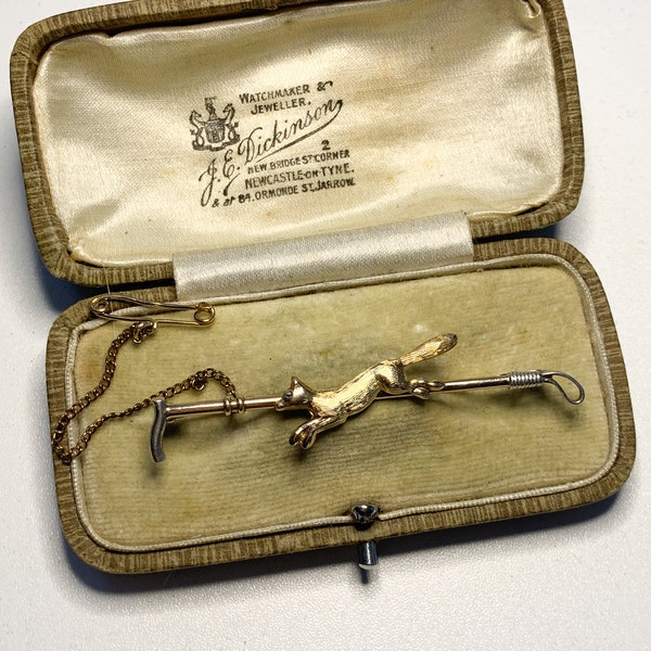 Beautiful Antique 14ct and 9ct Gold and Sterling Silver Fox Bar Brooch Hunting Riding Crop with Original Box Rare Gift Hallmarked Equestrian