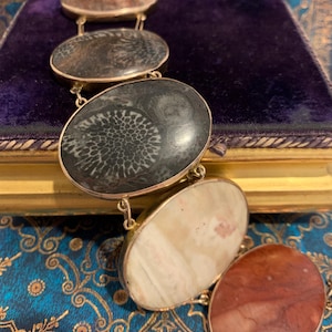 FABULOUS Huge ANTIQUE Rose GOLD Polished Agate pebble Stone Link 9Ct 9karat Gold Bracelet Scottish Celtic Large Statement Estate Jewelry
