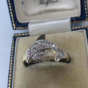 Vintage 9K Gold Dolphin Ring: Cubic Zirconia & Ruby Eye, UK Size R