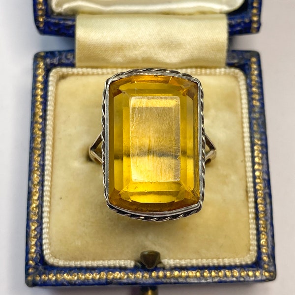 ART DECO 1920's 9KARAT 9ct Gold Citrine Coloured Orange Paste Glass Rectanuglar Silver Setting Cocktail Ring Size Uk N Us 7