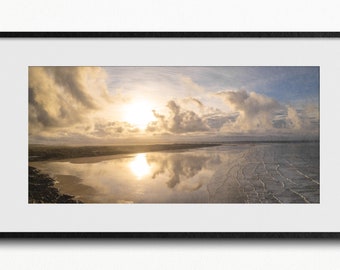 Saunton Sands Beach, Reflections, Devon - Panoramic Photo, Available as a Print, Mounted Print, or Framed Print