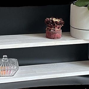 May include: A white wooden shelf against a black backdrop. It displays a clear glass jar, a small decorative item wrapped in red paper, and a white ceramic pot with a green plant. The shelf is a rectangular shape.