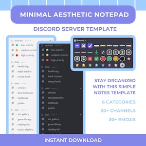 May include: A digital notepad template for Discord servers, featuring a minimalist aesthetic. The template includes sections for to-do lists, health logs, and more. The image also highlights 6 categories, 20+ channels, and 30+ emojis.