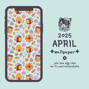 Puede incluir: Un teléfono inteligente muestra un fondo de pantalla de abril de 2025 con un patrón repetido de abejas, panales, zanahorias, flores y tarros de miel. El diseño es de estilo caricatura con un fondo azul claro. También es visible el texto "2025 APRIL wallpaper".