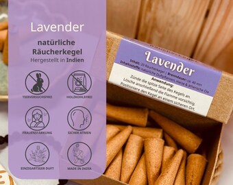 Coni di incenso indiano – Profumo di lavanda – Naturale e senza carbone – 20 coni/confezione