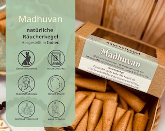 Coni di incenso indiano – Profumo Madhuvan – Naturale e senza carbone – 20 coni/confezione