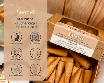 Coni di incenso indiano – Profumo di sandalo – Naturale e senza carbone – 20 coni/confezione