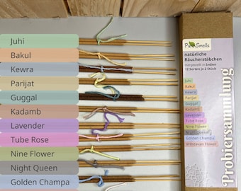 Bastoncini di incenso indiano – Collezione di campioni – naturale e senza carbone – Confezione da 24 pezzi |