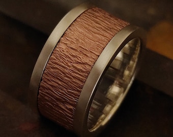 Rustic Copper & Sterling Silver Wedding Band - Tree Texture, Matte Finish