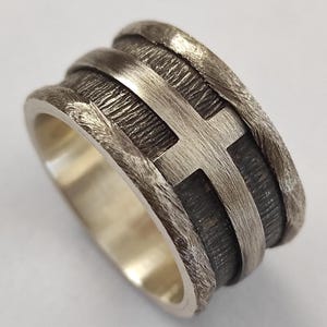 Handmade Silver Cross Wedding Band: Rustic Religious Ring