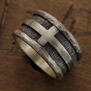 Rustic Sterling Silver Cross Ring, Christian Ring:Handmade Mens Wedding Band -12 mm