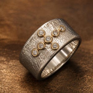 14K gouden en sterling zilveren ring met organische diamant: Molten Cross trouwring - Handgemaakte sieraden
