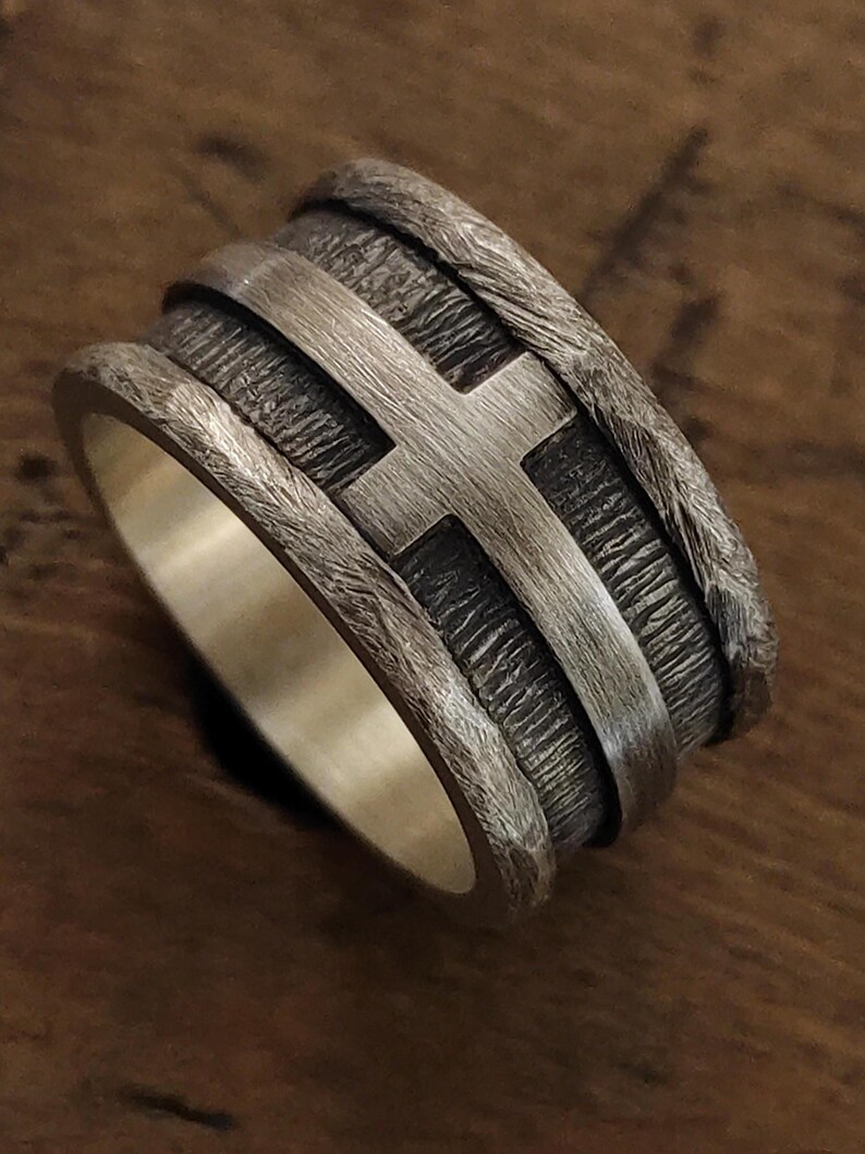 Rustic Sterling Silver Copper Cross Ring, Handmade Mens Wedding