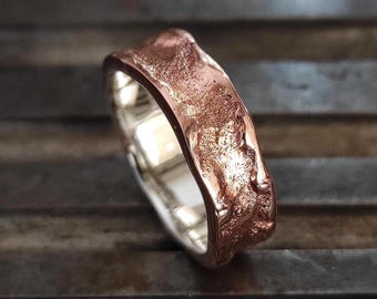 Alianza de boda de cobre fundido y plata: anillo rústico hecho a mano, alianza fundida - joyería única