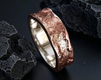 Molten Copper Ring: Molten Texture, Sterling Silver Liner, Unique Handcrafted Jewelry, Rustic Wedding Band