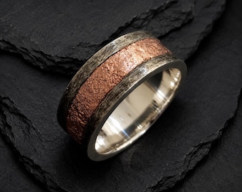 Oxidized Sterling Silver Molten Copper Band, Heavyweight Torch Melted Copper Ring, Antique Mixed Metal Wedding Band, Handcrafted Gift