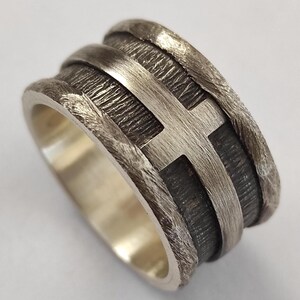 Handmade Silver Cross Wedding Band: Rustic Religious Ring