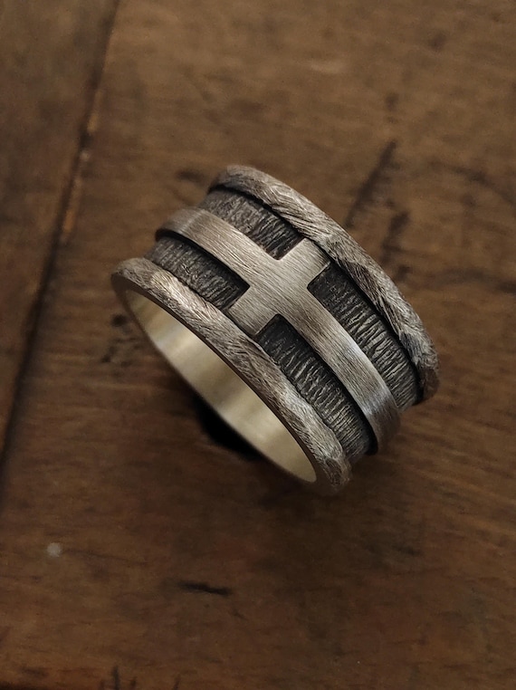 Rustic Sterling Silver Cross Ring, Christian Ring:Handmade Mens Wedding Band -12 mm