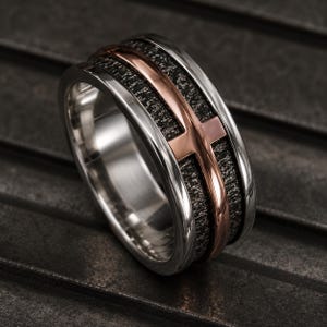 Mens Sterling Silver & Copper Christian Ring -  Rustic Cross Wedding Band , Handmade  Artisan Jewelry