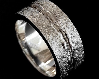 Molten Sterling Silver Band, Handcrafted Melted Raw Fissure Ring, 10mm Wide Heavy Organic Wedding Jewelry, Unique Unisex Gift