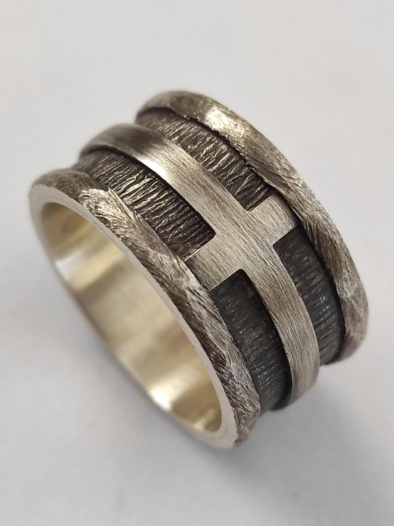Handmade Silver Cross Wedding Band: Rustic Religious Ring