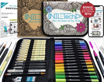 All-in-One Artist Drawing Pens Set, Includes: Dual Tip Brush, Calligraphy, White Ink & Fine Liner Point Pens, Ruler, Mechanical Pencil +