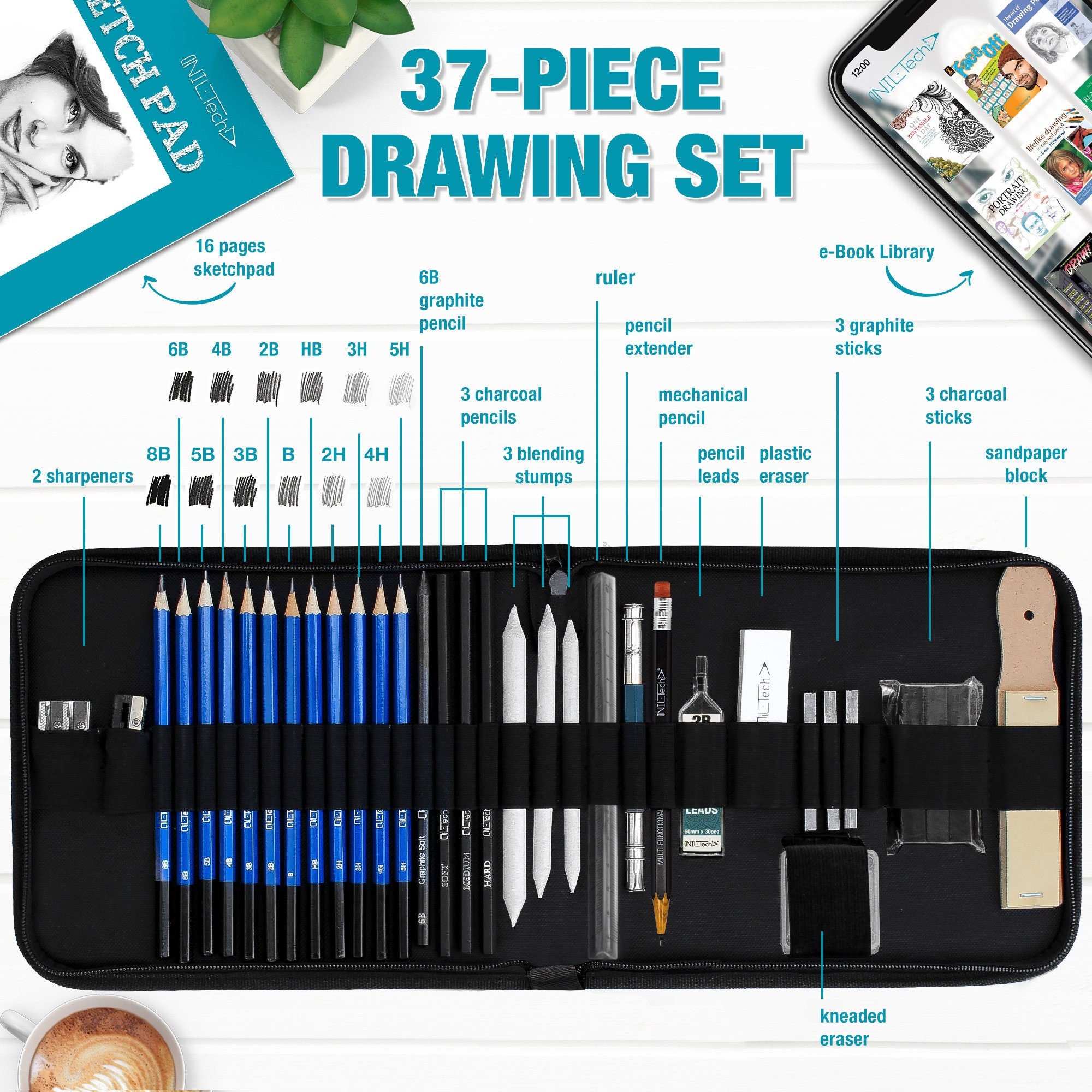 Norberg & Linden Drawing Set - Sketching and Charcoal Pencils - 100 Page Drawing Pad, Kneaded eraser. Art Kit and Supplies for Kids, Teens and Adults