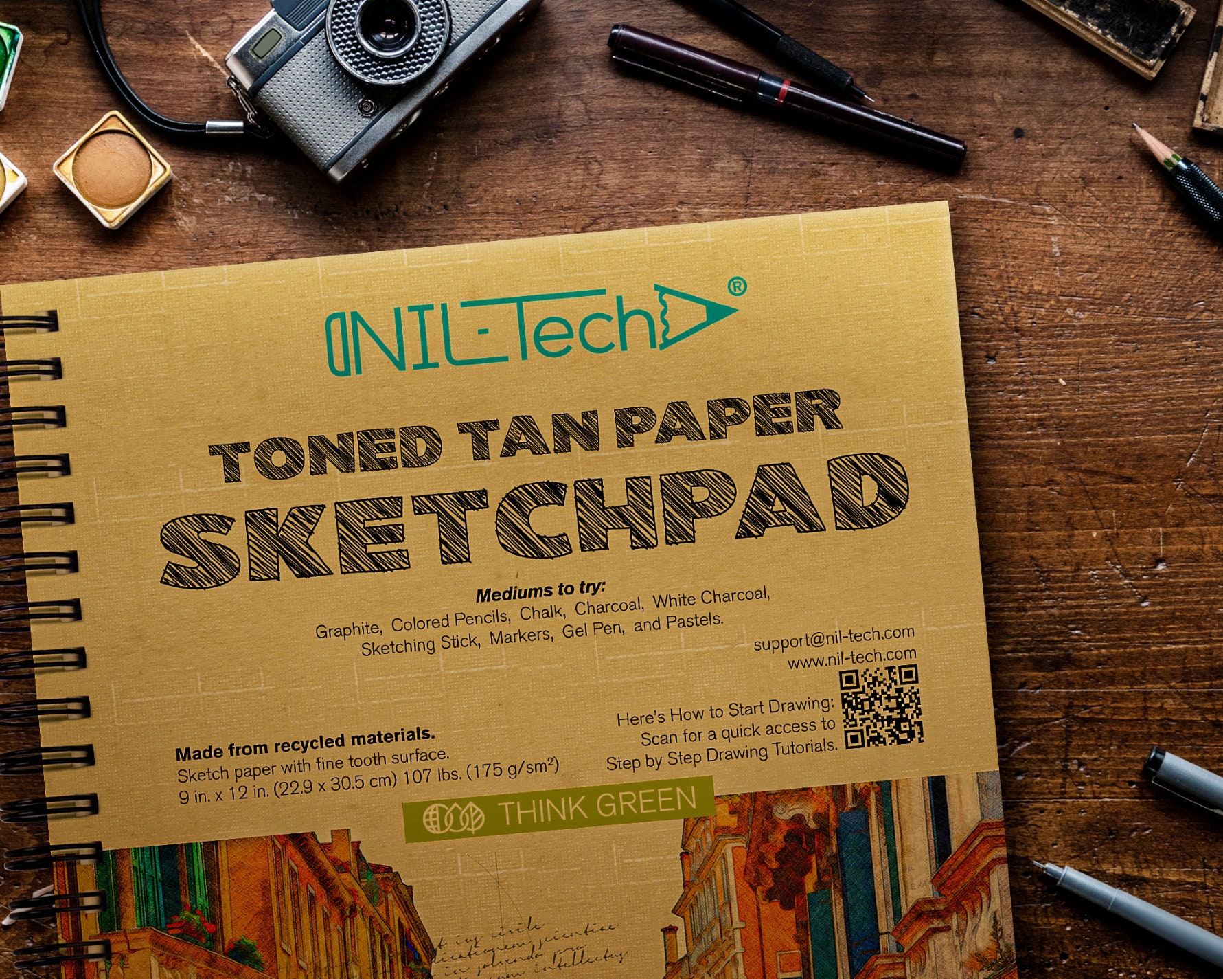 NIL - Tech Set of 3 Sketchpads White, Toned Tan, Black with Fine Tooth Spiral Bound Drawing Paper Pad for Kids and Adults