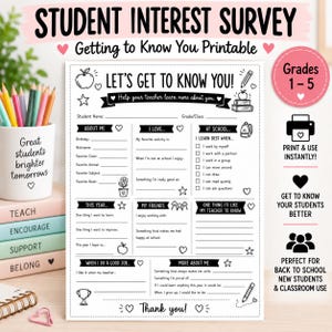 Pode incluir: Um questionário de interesse para estudantes em preto e branco intitulado Let's Get To Know You. O documento inclui seções para informações pessoais, atividades favoritas, preferências escolares e metas, decorado com pequenos ícones lineares.