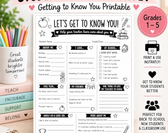 May include: A black and white printable student interest survey titled Let's Get To Know You. The document features sections for student information, favorite activities, school preferences, and personal goals, decorated with small line art icons.