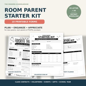Könnte beinhalten: Ein Starter-Kit für Elternvertreter mit 10 druckbaren Formularen für freiwillige Helfer in der Schule. Die Dokumente umfassen ein Blatt für Lehrer-Favoriten, ein Anmeldeformular für Freiwillige sowie einen Planer für Veranstaltungen.