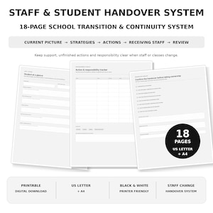 Puede incluir: Un sistema de traspaso de personal y estudiantes de 18 páginas en blanco y negro. Incluye formularios para perfiles de estudiantes, rastreadores de acciones y responsabilidades, y listas de verificación en formatos A4.