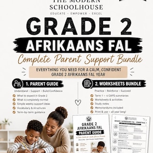 Può includere: Un pacchetto completo di supporto per i genitori di Afrikaans FAL di 2a elementare. L'immagine mostra una madre e un bambino che lavorano insieme, con una guida e fogli di lavoro. Il pacchetto include vocabolario, fogli di lavoro e guida.