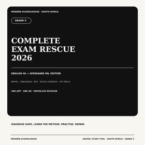 Peut inclure: Une couverture noire rectangulaire d'outil d'étude numérique intitulée COMPLETE EXAM RESCUE 2026 pour la 5e année. Elle inclut du texte pour English HL, Afrikaans FAL, Maths, Languages, NST, Social Sciences, Life Skills et la phrase DIAGNOSE GAPS. LEARN THE METHOD. PRACTISE. REPAIR.