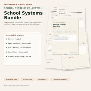 Peut inclure: Un ensemble numérique School Systems Bundle de The Modern Schoolhouse comprenant 90 pages de flux de travail aux formats US Letter et A4. Le lot inclut cinq systèmes PDF imprimables pour le soutien, la communication et la gestion de cas.