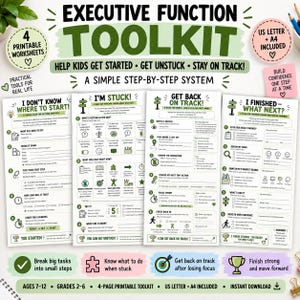 Könnte beinhalten: Ein Executive-Function-Toolkit mit vier druckbaren Arbeitsblättern mit grünem und schwarzem Text. Die Seiten sind betitelt mit I Don't Know Where to Start, I'm Stuck, Get Back on Track und I Finished What Next als Schritt-für-Schritt-System.