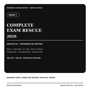 May include: A black rectangular educational study tool cover with white text reading Modern Schoolhouse South Africa, Grade 7, Complete Exam Rescue 2026, English HL + Afrikaans FAL Edition, subjects list, One App, One QR, Paperless Revision, and Diagnose Gaps.