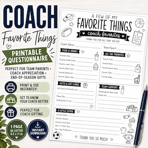 Op de afbeelding: Een printbare vragenlijst voor een coach op een A4-pagina met zwarte tekst en sport-gerelateerde iconen. Het formulier bevat secties voor favoriete eten, drinken, cadeaus en teamondersteuning, met invullijnen en een zwarte balpen.