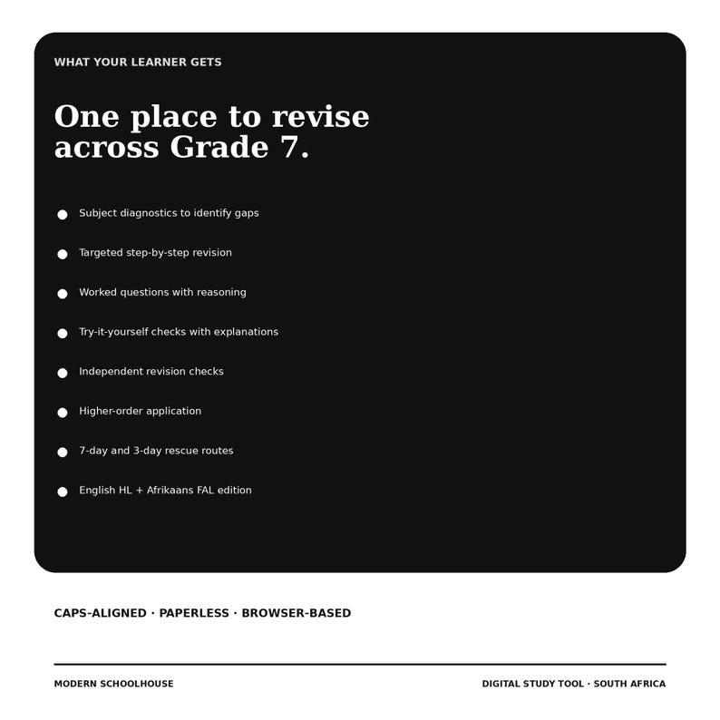 May include: A black digital study tool graphic for Grade 7 learners. It lists features including subject diagnostics, targeted revision, worked questions, checks, application, rescue routes, and English HL plus Afrikaans FAL edition. Text includes CAPS-ALIGNED, PAPERLESS, BROWSER-BASED, MODERN SCHOOLHOUSE, and DIGITAL STUDY TOOL - SOUTH AFRICA.