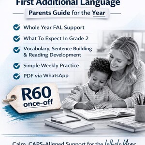 Puede incluir: Una guía para Afrikaans de 2º grado, Primer Idioma Adicional, con el texto «Guía para padres para el año». La imagen muestra a una madre y un niño, con el niño escribiendo. La guía incluye Soporte FAL de todo el año, Vocabulario y PDF vía WhatsApp.