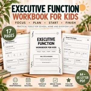 Może przedstawiać: Biały zeszyt ćwiczeń zatytułowany Executive Function Workbook for Kids z czarnym tekstem i kwiatowymi akcentami. Okładka i dwie otwarte strony zawierają sekcje dotyczące skupienia, planowania, rozpoczynania i kończenia zadań. Zawiera 17 stron w formacie A4 i US Letter.