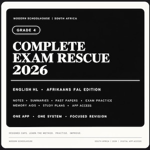 Op de afbeelding: Een zwart-witte studiegids getiteld Modern Schoolhouse South Africa Grade 4 Complete Exam Rescue 2026. Het bevat edities voor English HL en Afrikaans FAL, notities, samenvattingen, oude examens, oefeningen, studieplannen en toegang tot een applicatie.