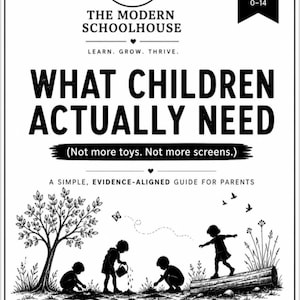 Puede incluir: Portada de libro ilustrada en blanco y negro titulada "WHAT CHILDREN ACTUALLY NEED" con el subtítulo "(Not more toys. Not more screens.)". La portada incluye un árbol, niños jugando y el texto "A SIMPLE, EVIDENCE-ALIGNED GUIDE FOR PARENTS".