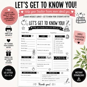 Peut inclure: Un questionnaire d'intérêt pour les élèves en noir et blanc intitulé Let's Get To Know You, comprenant des sections pour les détails personnels, les activités, les préférences d'apprentissage et les objectifs, orné d'icônes comme des pommes.