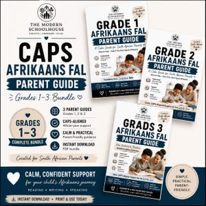 Op de afbeelding: Een bundel van drie educatieve oudergidsen voor groep 3, 4 en 5 Afrikaans FAL. De documenten bevatten de tekst The Modern Schoolhouse, CAPS Afrikaans FAL Parent Guide en illustraties van kinderen die samen met volwassenen aan het studeren zijn.