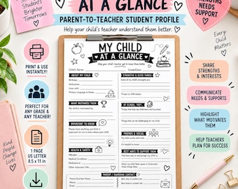 May include: A printable one-page US Letter 8.5 x 11 inch student profile form titled My Child At A Glance on a wooden clipboard. The black and white document includes sections for child information, strengths, motivations, health, and contact details.