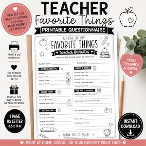 May include: A black and white printable teacher favorite things questionnaire on US letter paper. The form includes sections for personal details, treats, classroom needs, and hobbies, decorated with line art icons like apples, books, and pencils.
