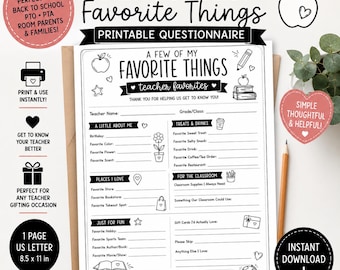 May include: A black and white printable teacher favorite things questionnaire on US letter paper. The form includes sections for personal details, treats, classroom needs, and hobbies, decorated with line art icons like apples, books, and pencils.